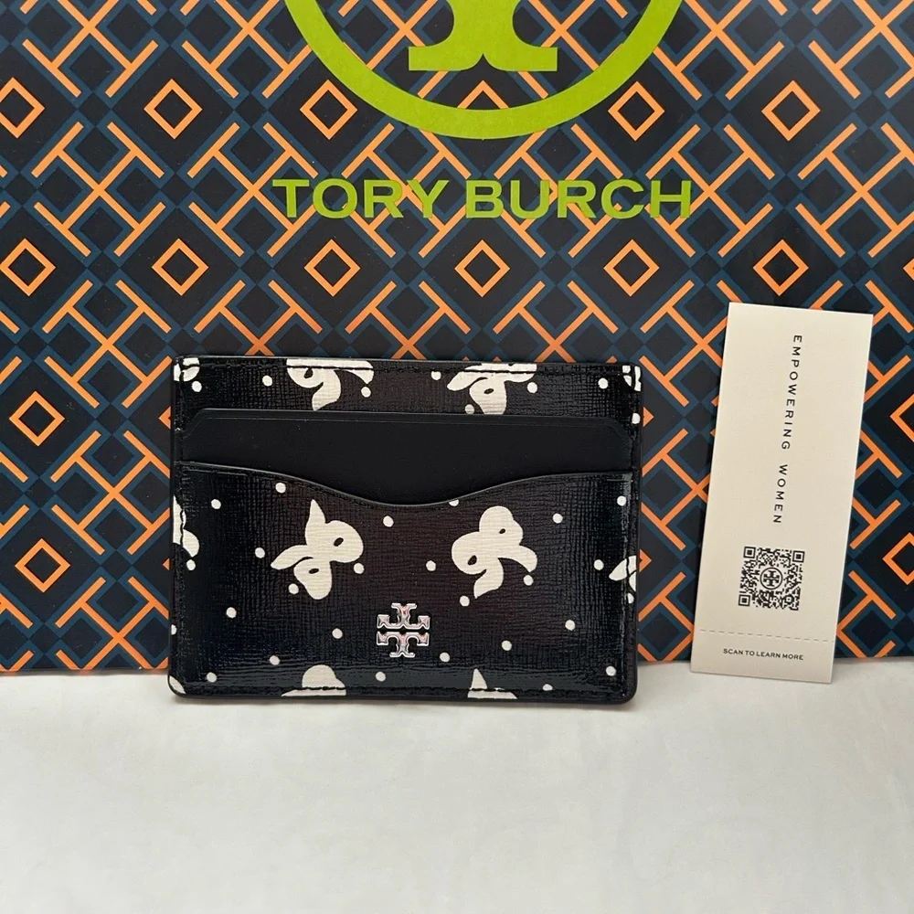 Tory Burch Emerson Printed Slim Card Case Black Tossed Bow Silver Black White